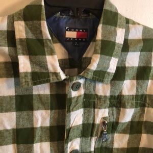 Vintage Tommy Jeans Flag Logo Plaid Button Shirt Men’s Medium Green Zip Pocket